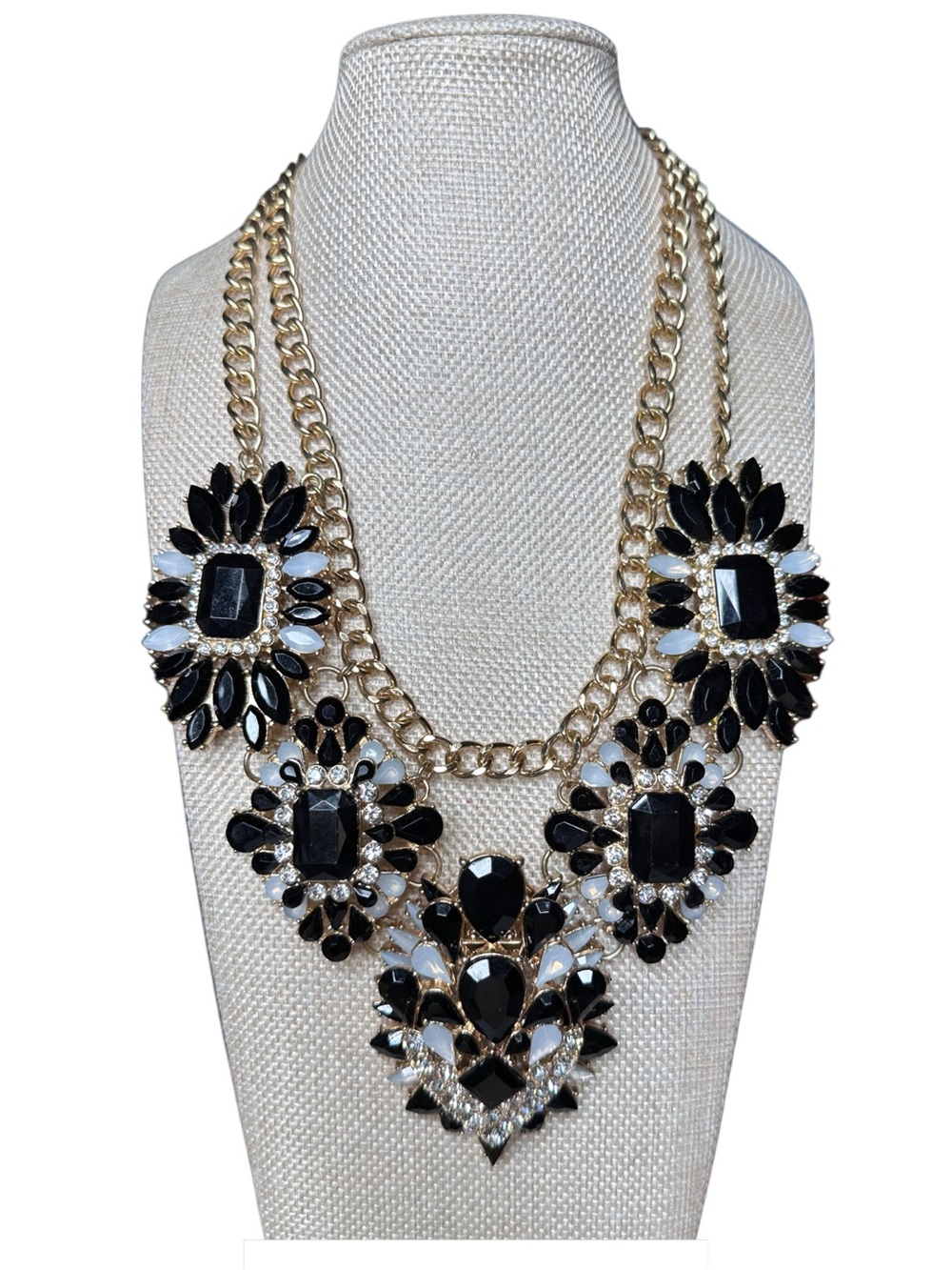 Gold Chain Black and White Statement Necklace - Women Jewelry